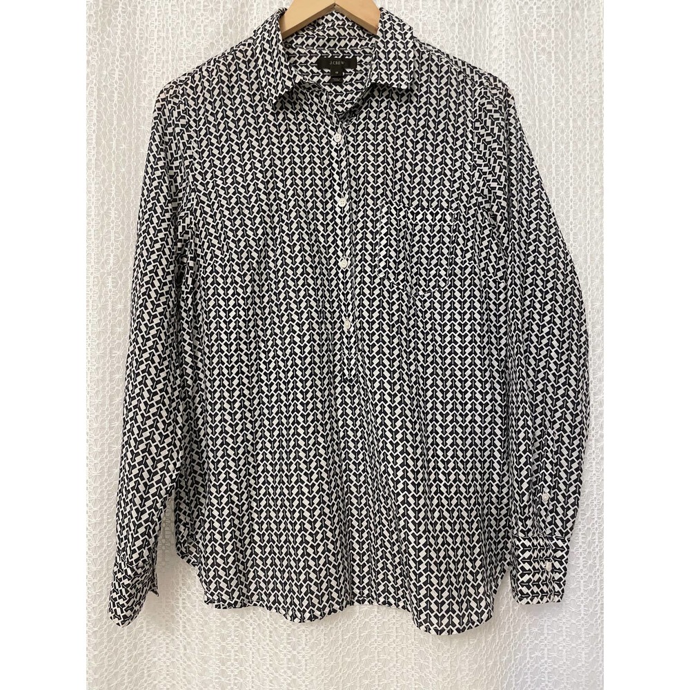 J. Crew - Women's Silk Blend Black / White Henley Long Sleeve Blouse Shirt - 10